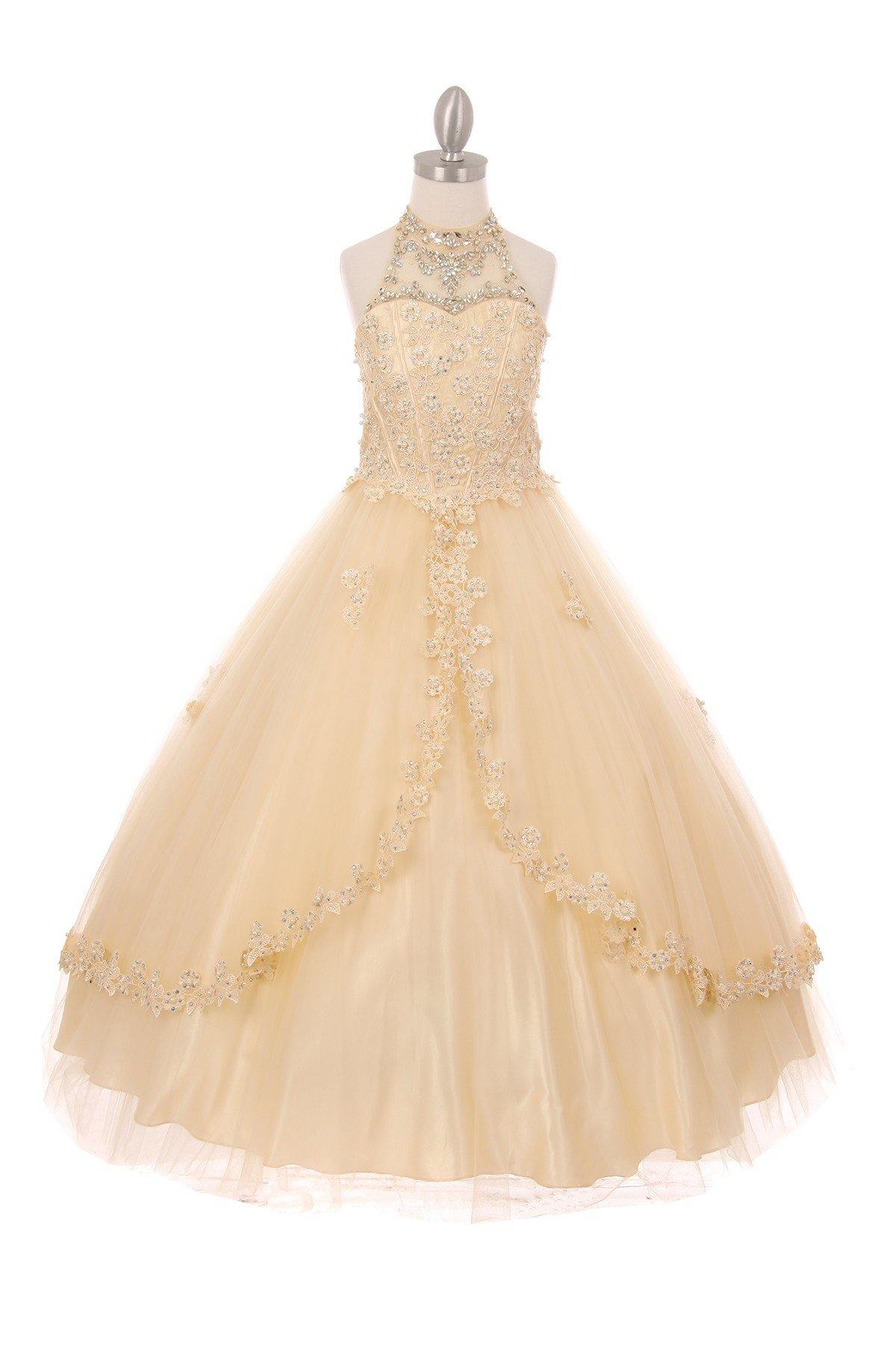 Beaded Halter Style Long Gown Flower Girl Dress - The Dress Outlet Cinderella Couture