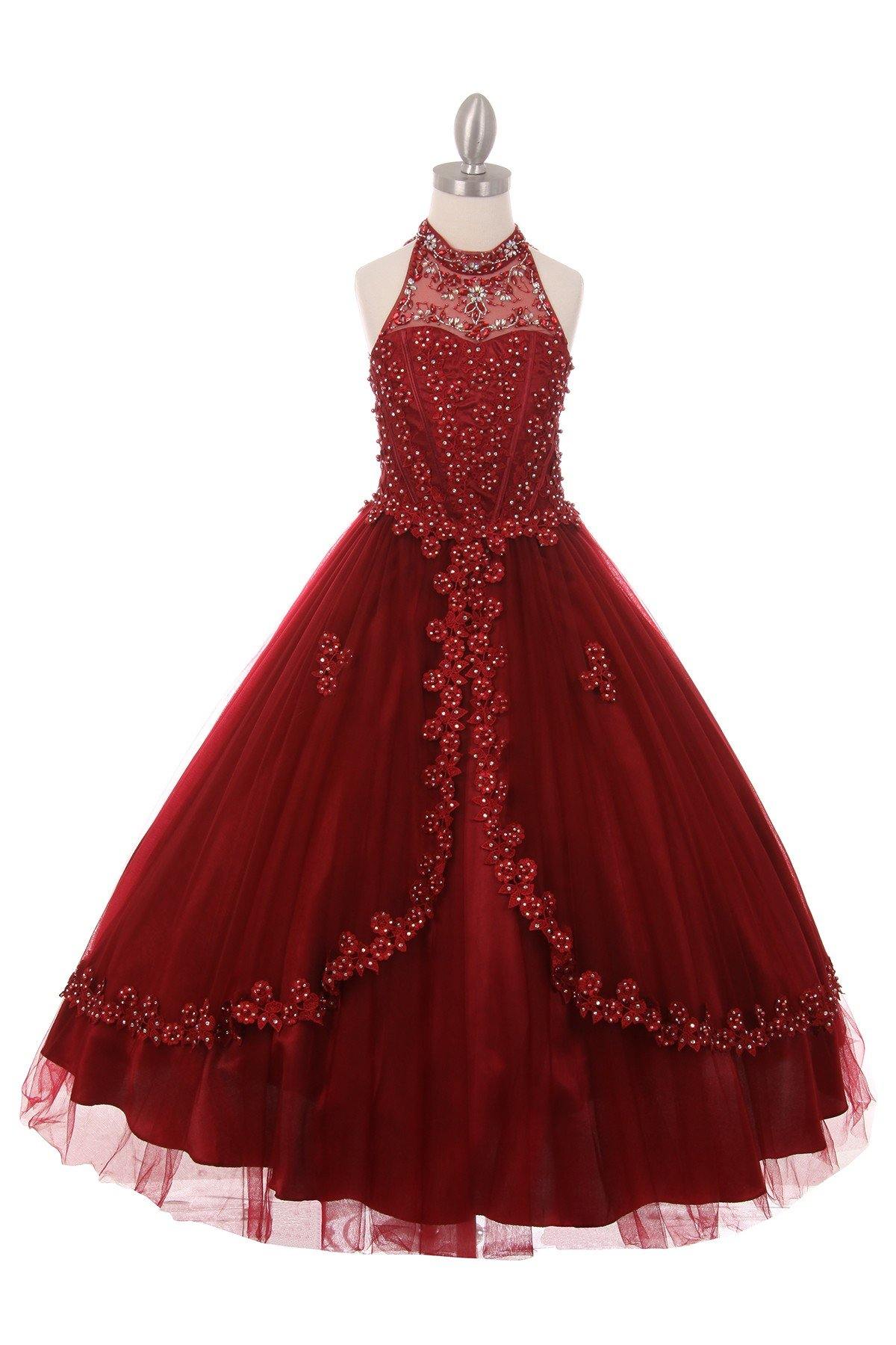 Beaded Halter Style Long Gown Flower Girl Dress - Burgundy / 8 Beaded Halter Style Long Gown Flower Girl Dress - Burgundy / 8