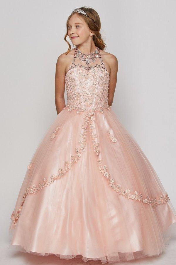 Beaded Halter Style Long Gown Flower Girl Dress - The Dress Outlet Cinderella Couture