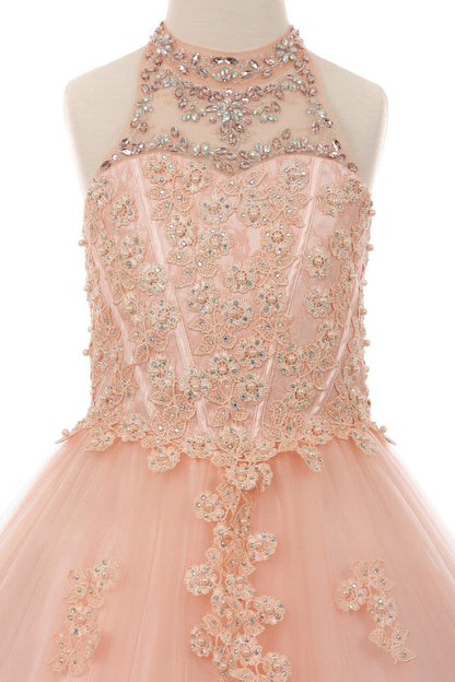 Beaded Halter Style Long Gown Flower Girl Dress - The Dress Outlet Cinderella Couture
