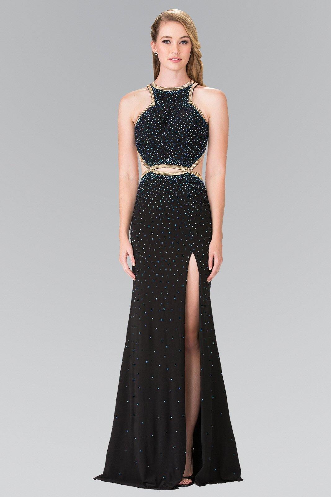 Beaded High-Neck Long Prom Dress Accented with Slit - Black / L Beaded High-Neck Long Prom Dress Accented with Slit - Black / L