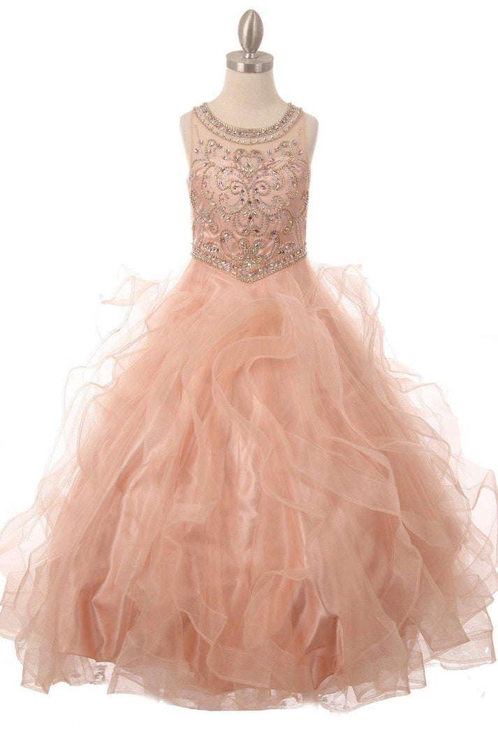 Big Girls Blush Organza Overlay Pleated Flower Girl Dress 8-12