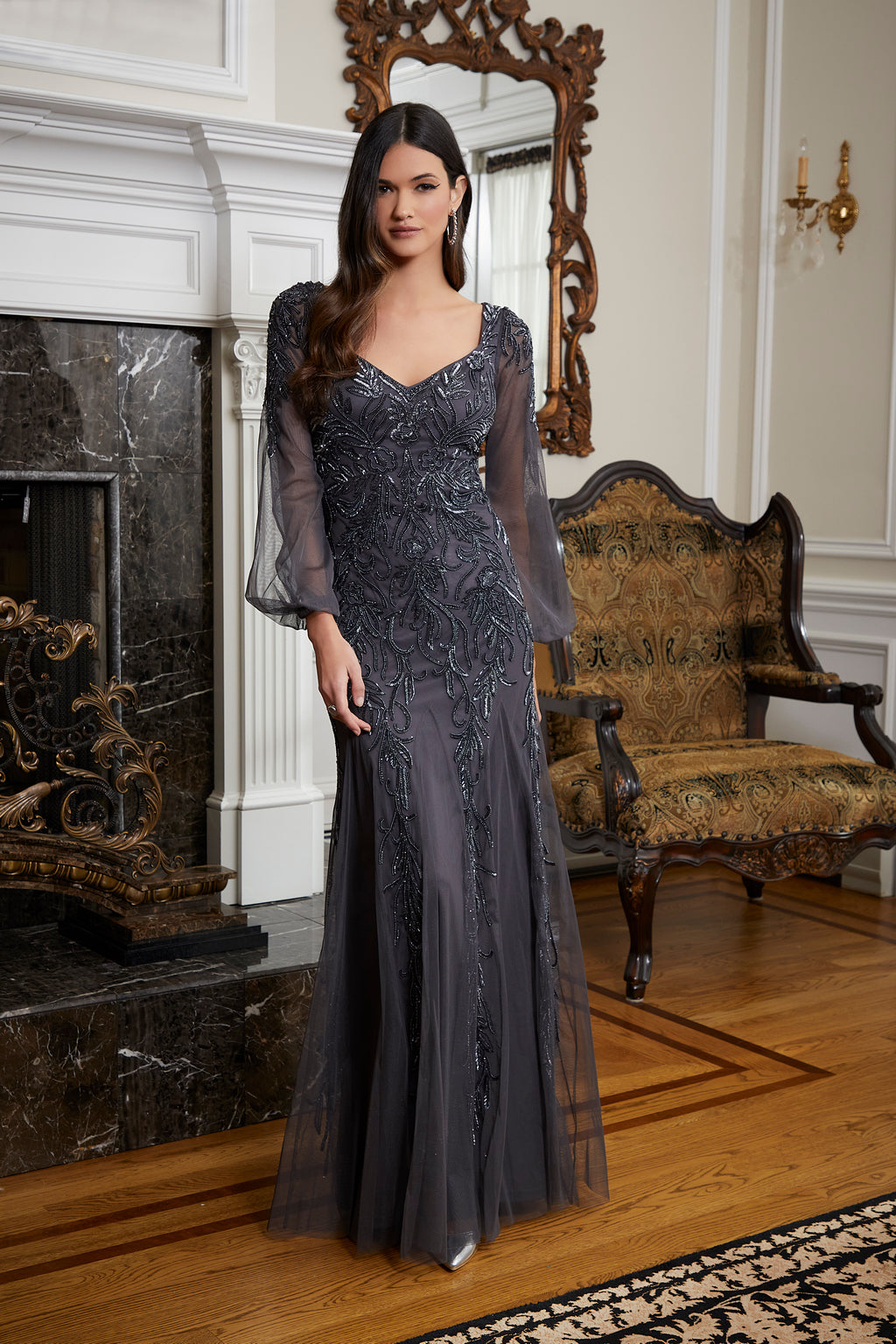 Long Formal Beaded Mother of the Bride DressMGNY 72820 - Charcoal / 6 Long Formal Beaded Mother of the Bride DressMGNY 72820 - Charcoal / 6