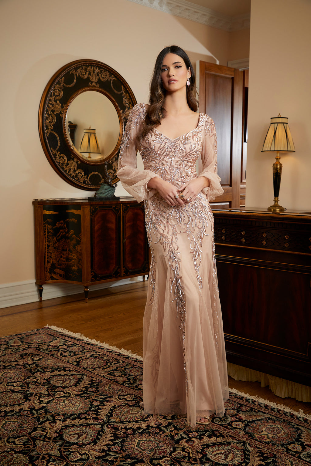 Long Formal Beaded Mother of the Bride DressMGNY 72820 - Charcoal / 6 Long Formal Beaded Mother of the Bride DressMGNY 72820 - Charcoal / 6
