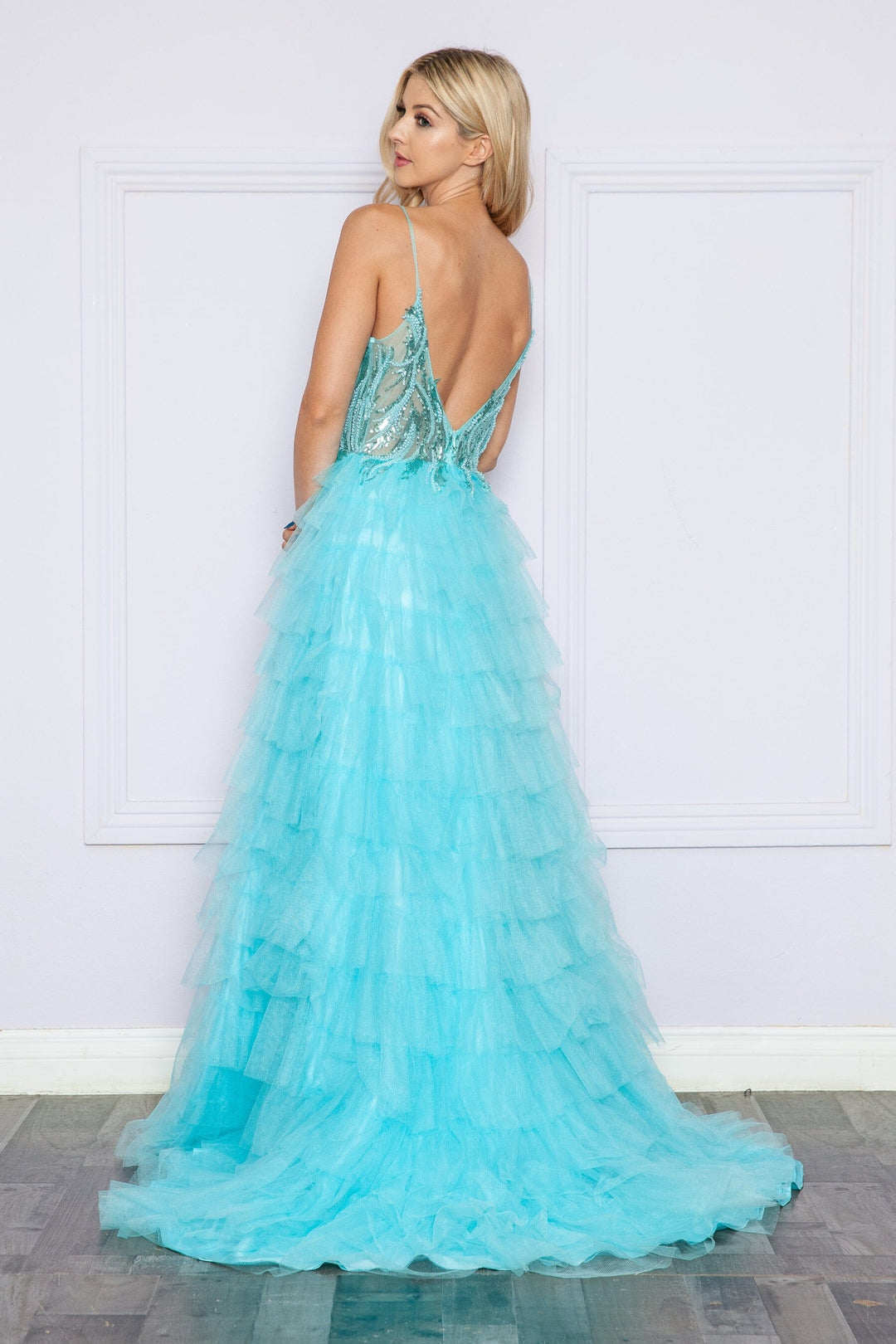 Aqua V-Neck Floor-Length Beaded Sequin Gown with High Slit Poly USA 9408