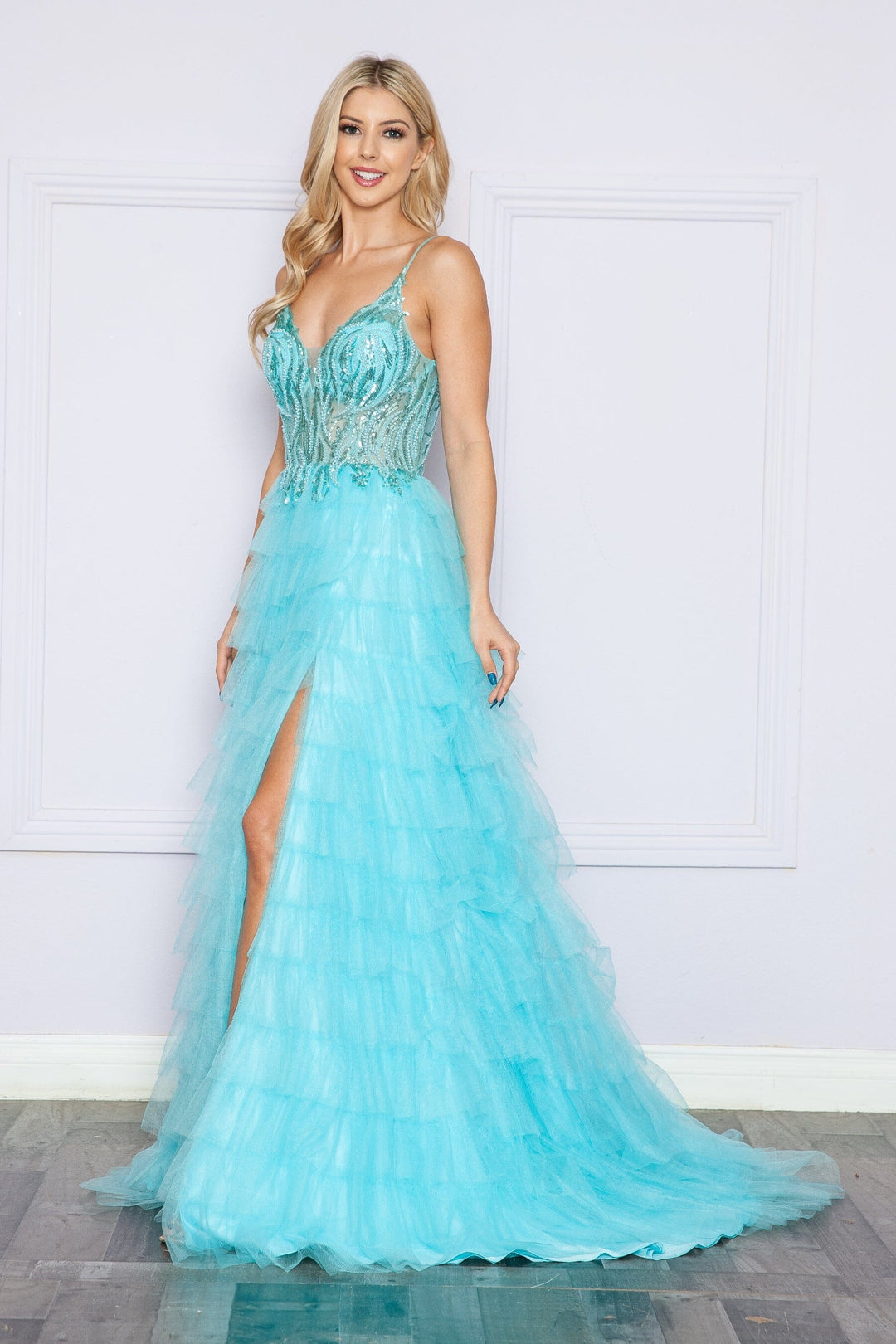 Aqua V-Neck Floor-Length Beaded Sequin Gown with High Slit Poly USA 9408