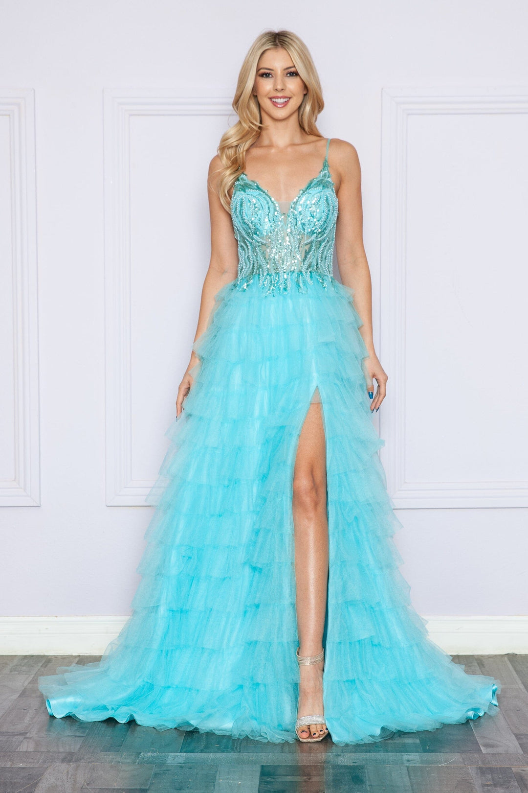 Aqua V-Neck Floor-Length Beaded Sequin Gown with High Slit Poly USA 9408