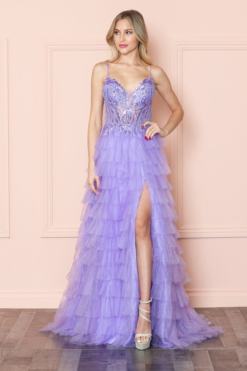 Lavender V-Neck Floor-Length Beaded Sequin Gown with High Slit Poly USA 9408