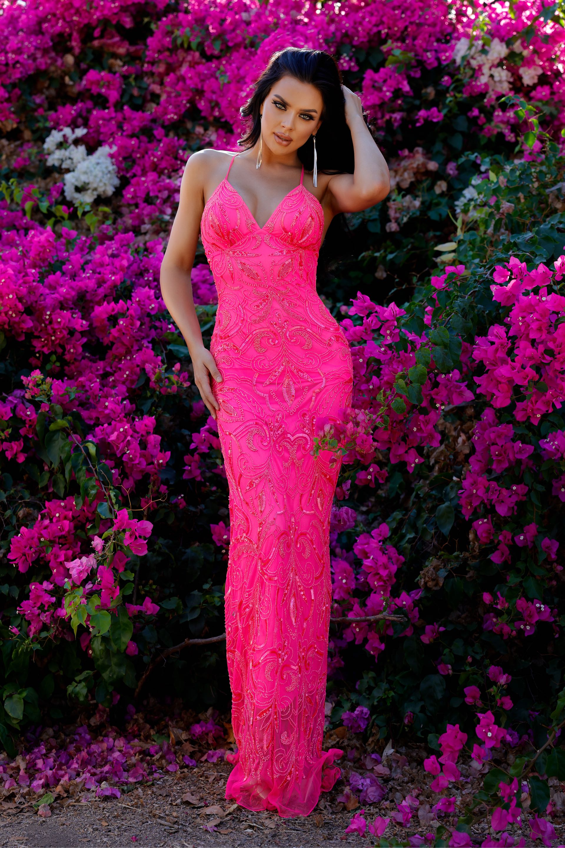 Prom Dresses Sequin Long Formal Beaded Fitted Prom Dress Romantic Pink