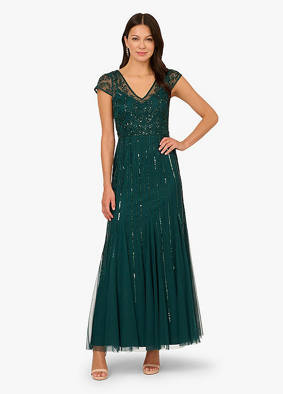 Adrianna Papell AD5E210861 V-Neck Long Mesh Formal Gown A-Line