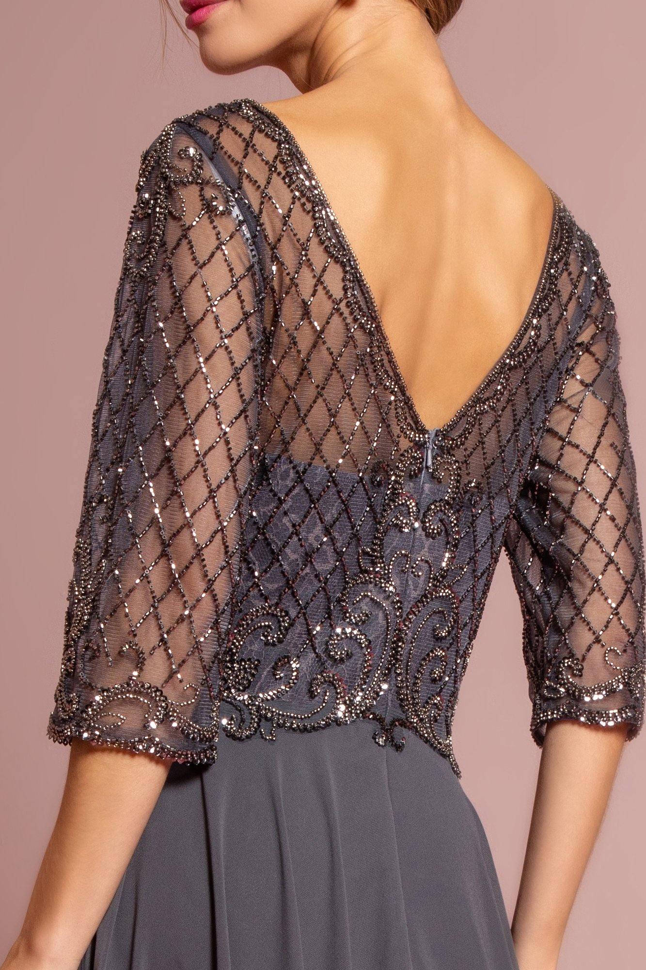 Navy Beads Embellished Bodice Chiffon Long Dress