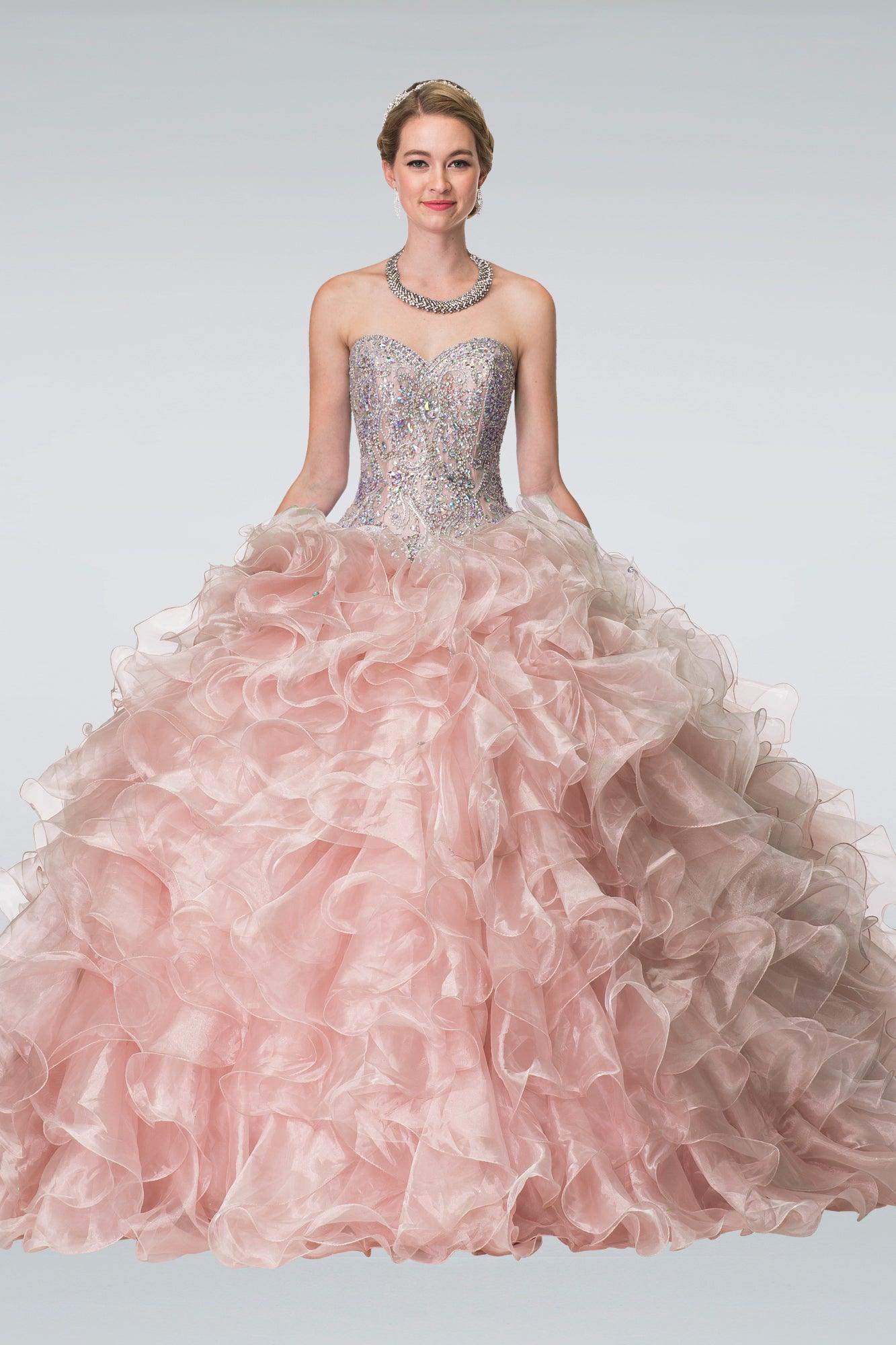 Beads Embellished Ruffled Organza Long Quinceanera Dress - The Dress Outlet