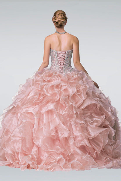 Beads Embellished Ruffled Organza Long Quinceanera Dress - The Dress Outlet
