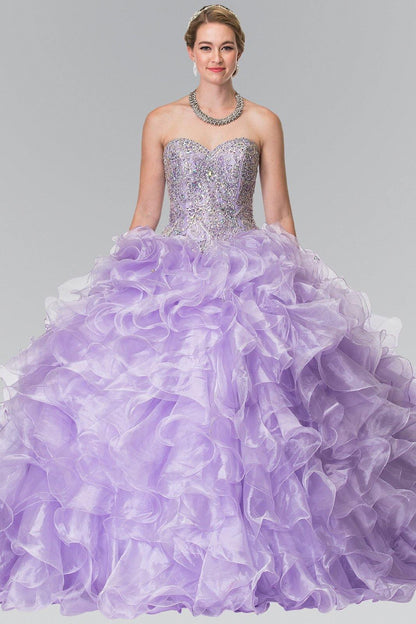 Beads Embellished Ruffled Organza Long Quinceanera Dress - The Dress Outlet Elizabeth K