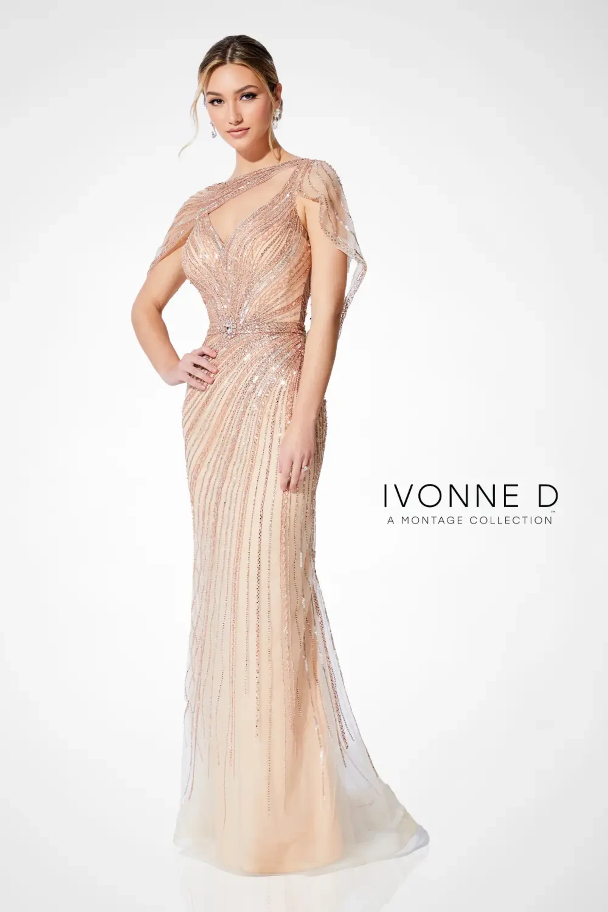 Formal Dresses Beaded Long Formal Cape Evening Dress Rose Gold