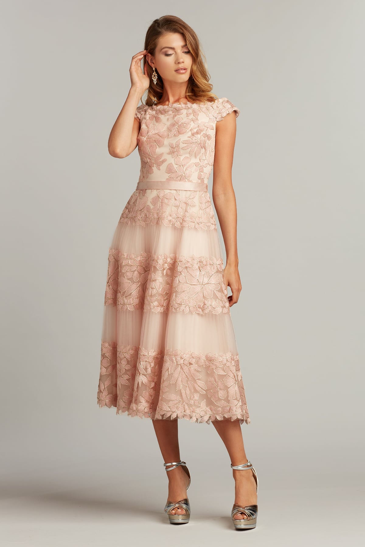 Cocktail Dresses Short Floral Tea Length A Line Cocktail Dress Tadashi Shoji BLA19999MD Antique Pink