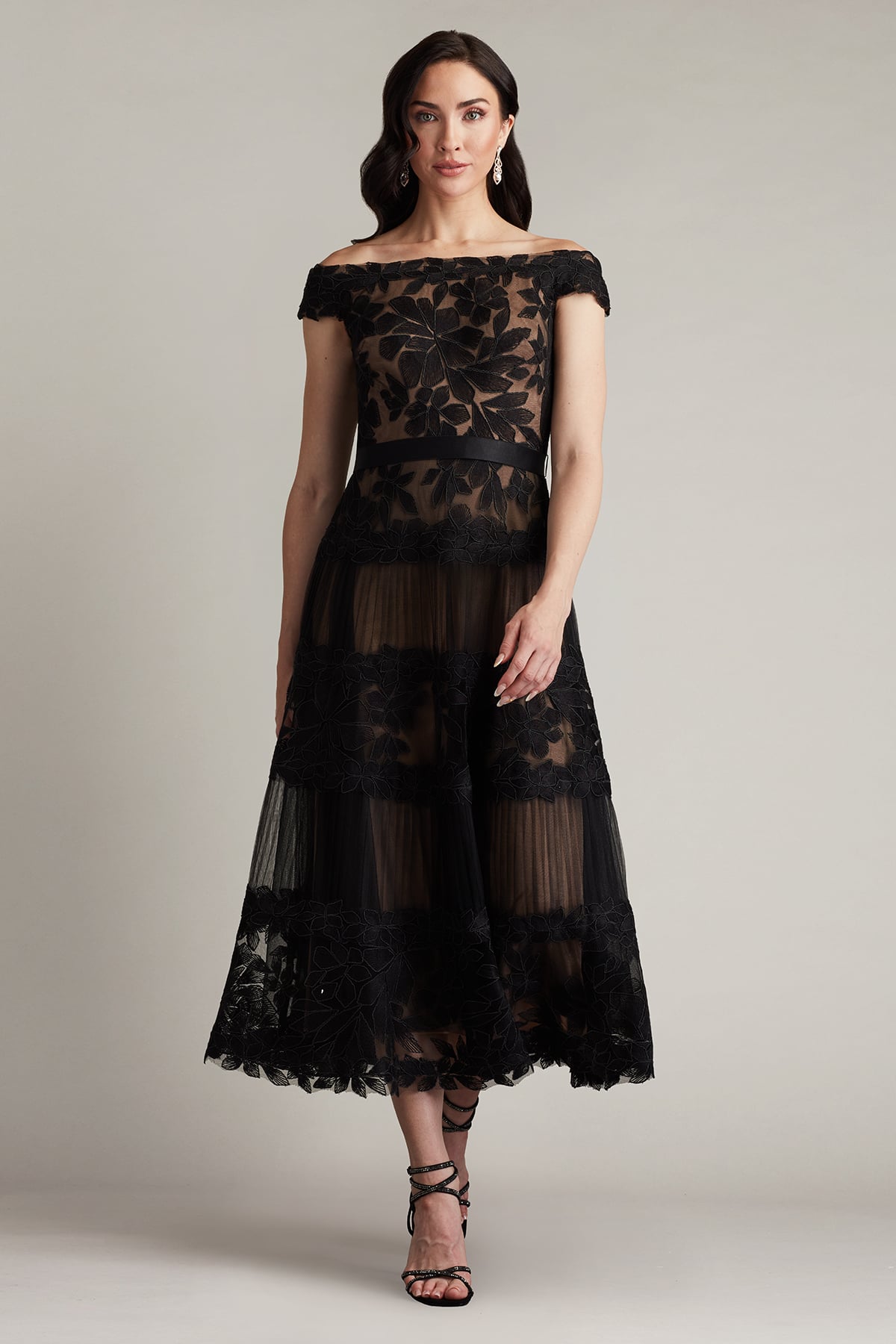 Cocktail Dresses Short Floral Tea Length A Line Cocktail Dress Tadashi Shoji BLA19999MD Black/Nude