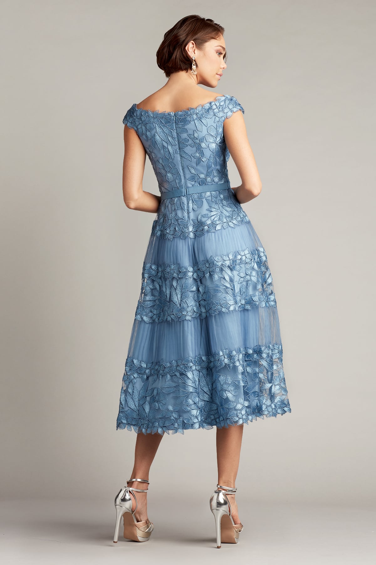 Cocktail Dresses Short Floral Tea Length A Line Cocktail Dress Tadashi Shoji BLA19999MD Blue Stone