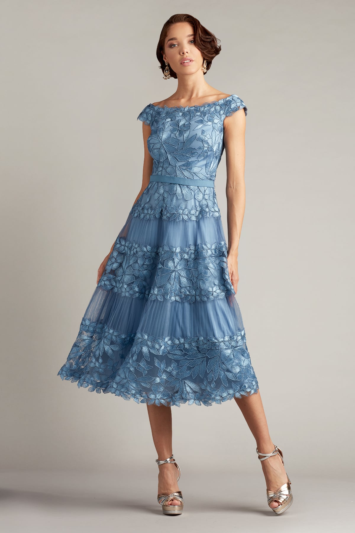 Cocktail Dresses Short Floral Tea Length A Line Cocktail Dress Tadashi Shoji BLA19999MD Blue Stone