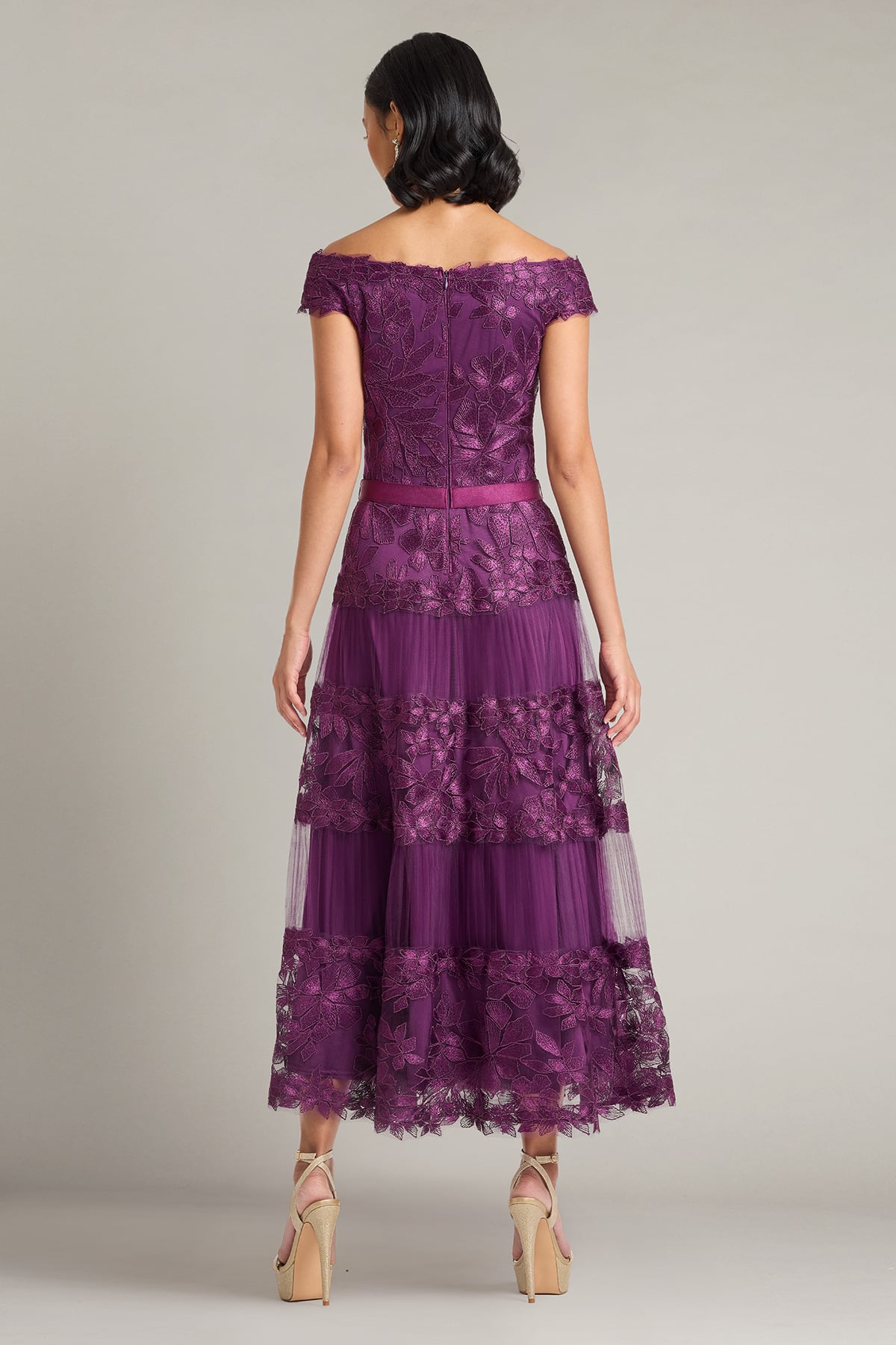 Cocktail Dresses Short Floral Tea Length A Line Cocktail Dress Tadashi Shoji BLA19999MD Deep Amethyst