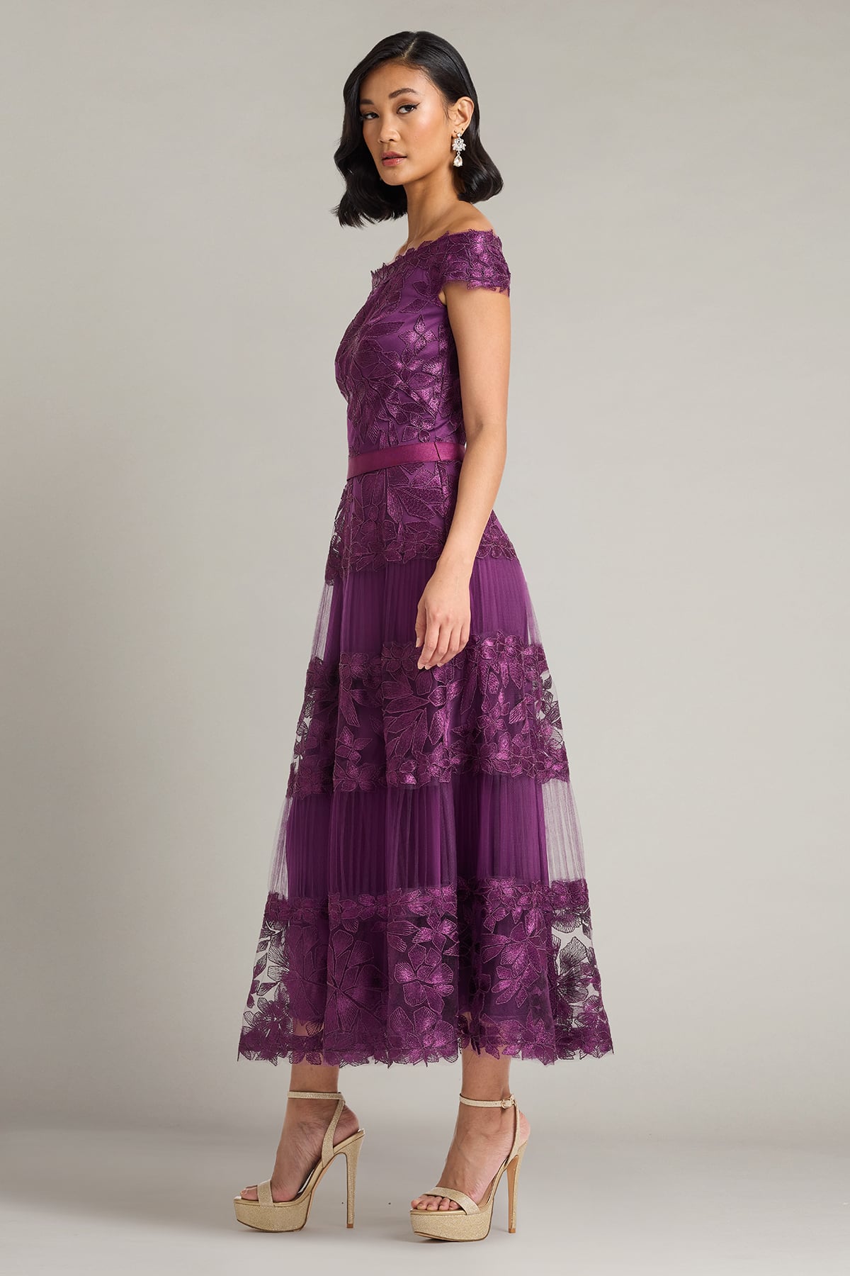 Cocktail Dresses Short Floral Tea Length A Line Cocktail Dress Tadashi Shoji BLA19999MD Deep Amethyst