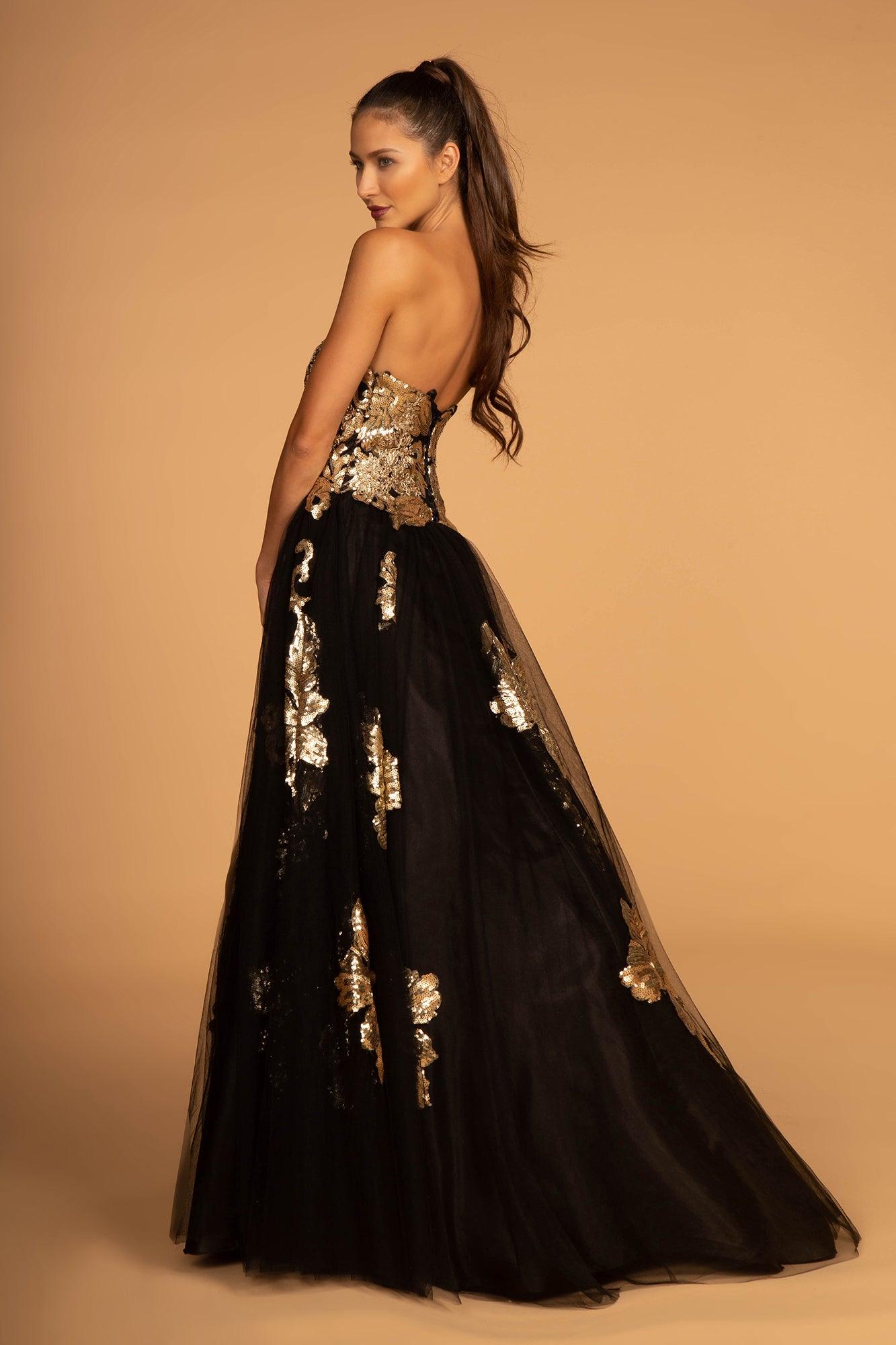 black gold prom dress Tulle Sweetheart Sequin Long Prom Dress