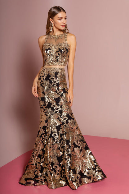 Black and Gold Two Piece Long Prom Dress - The Dress Outlet Elizabeth K