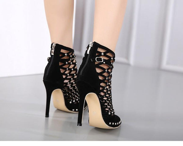 Black Roman Sandals Caged Ankle High Heel Shoes