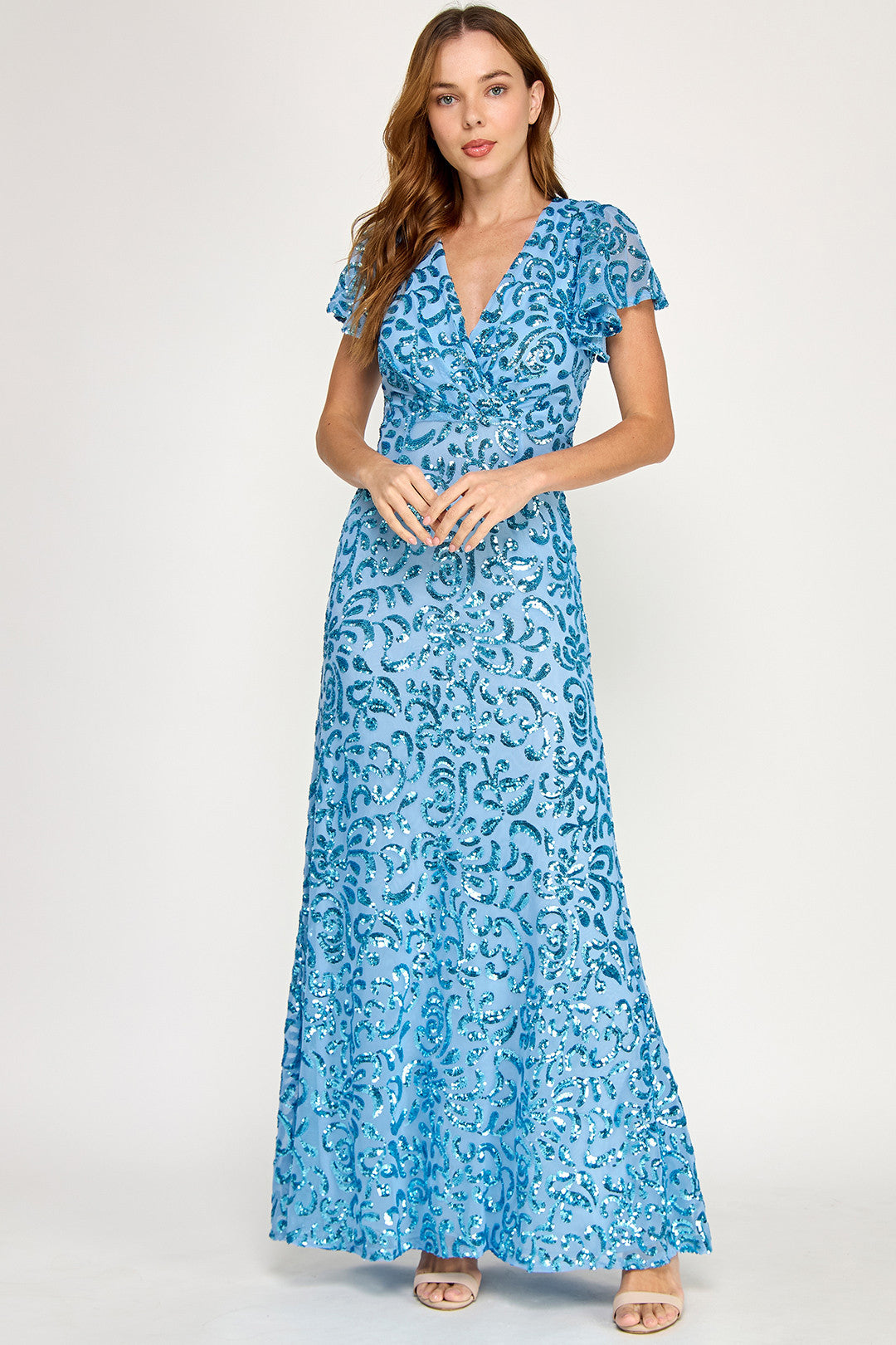 V-Neck Floor-Length Sequin Evening Fit & Flare Lenovia 3124