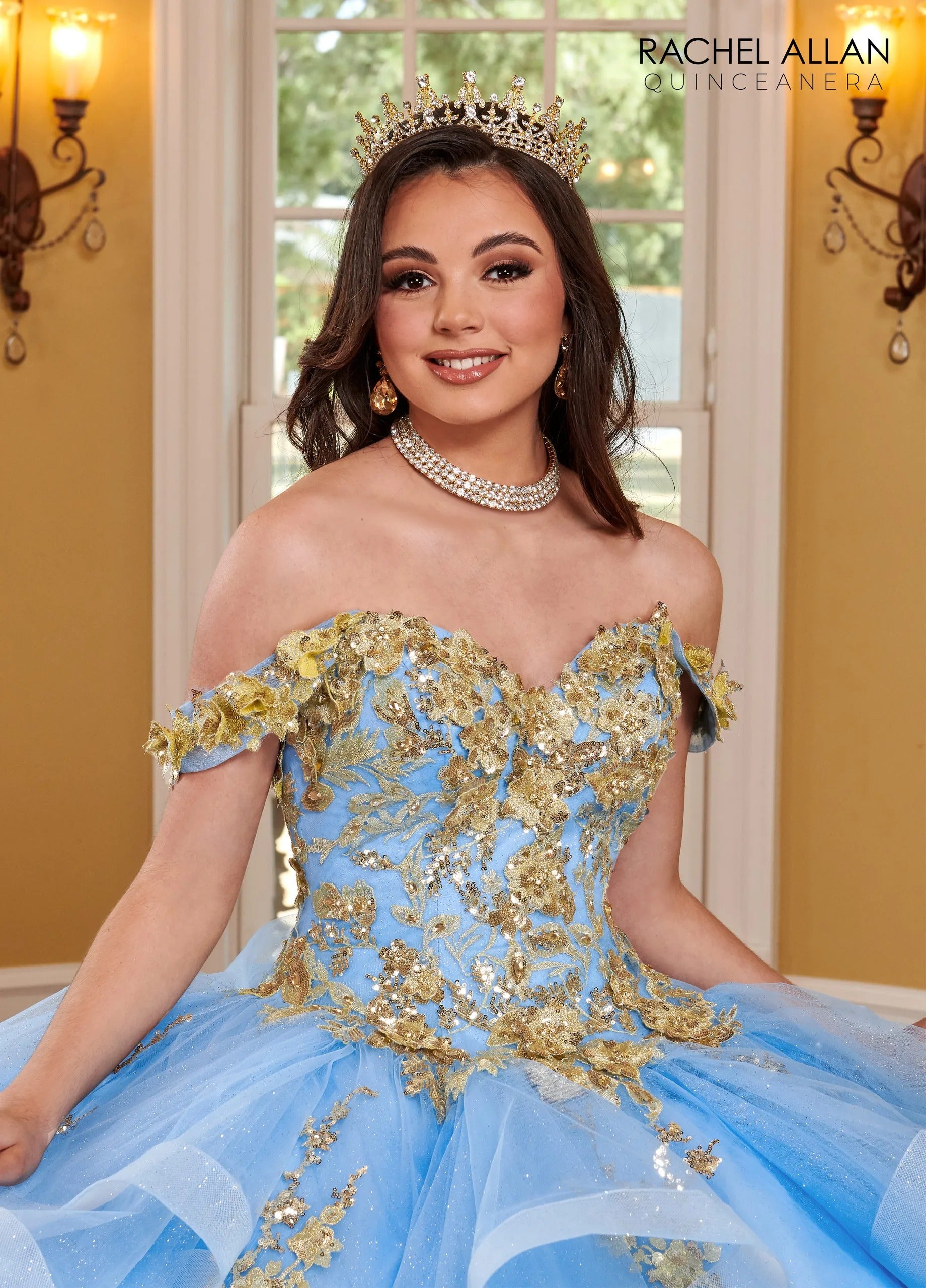Azure Gold Off the Shoulder Floor Length Glitter Tulle Quinceanera Ball Gown with 3D Floral Appliques Rachel Allan RQ2165
