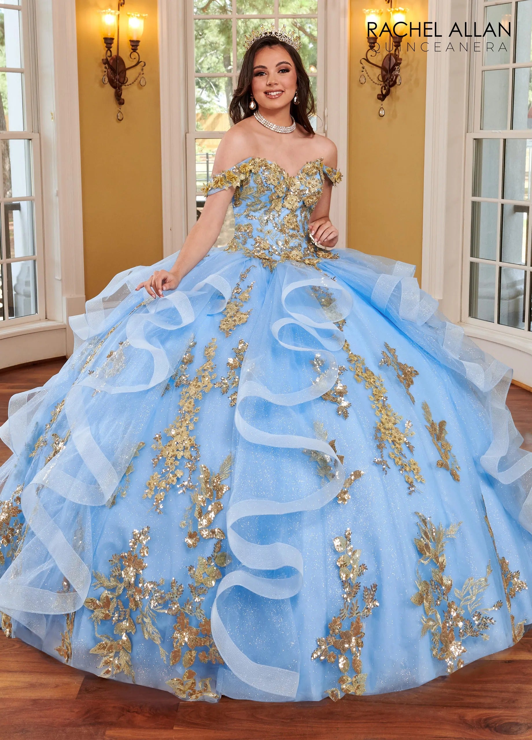 Azure Gold Off the Shoulder Floor Length Glitter Tulle Quinceanera Ball Gown with 3D Floral Appliques Rachel Allan RQ2165