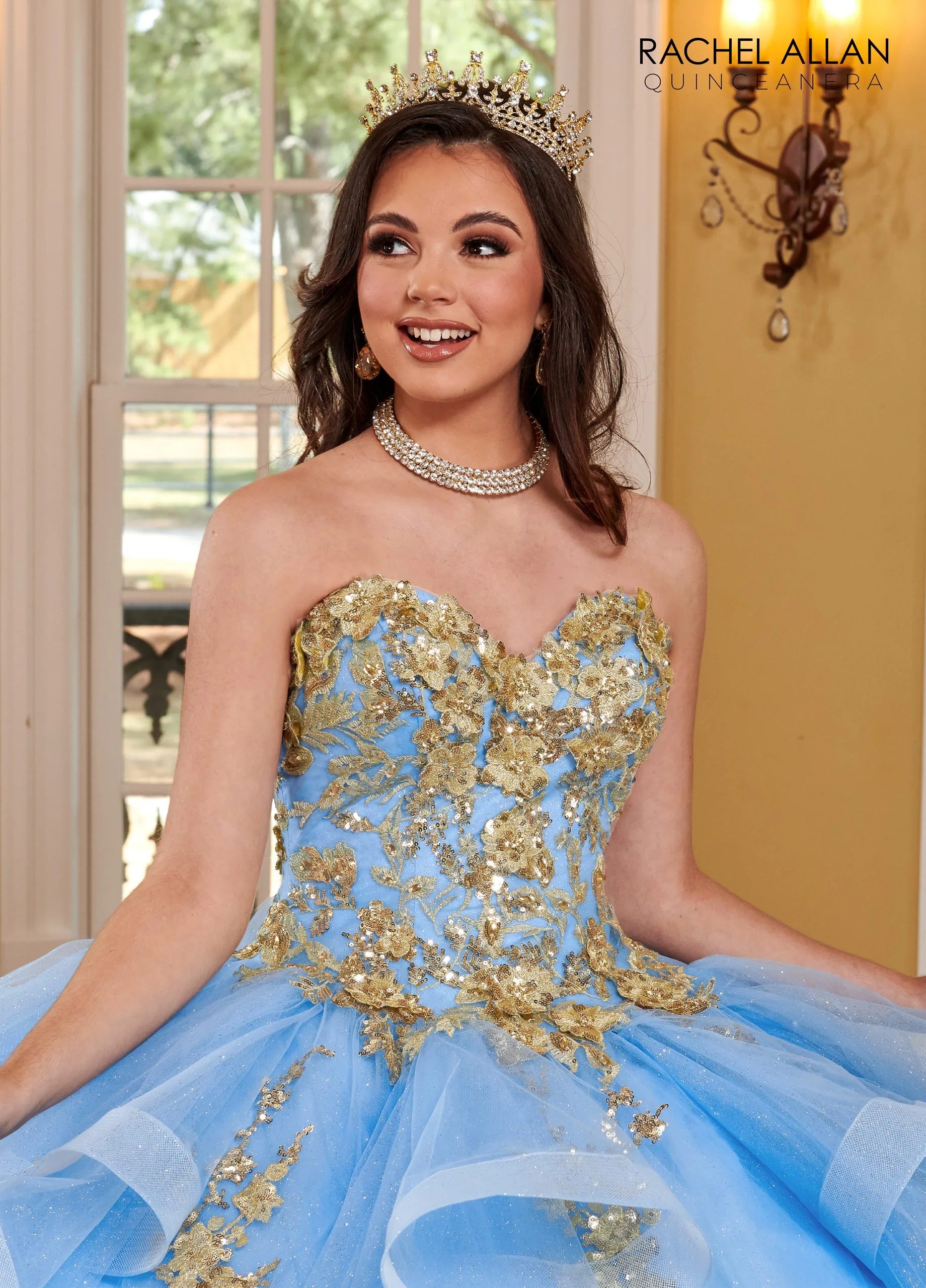 Azure Gold Off the Shoulder Floor Length Glitter Tulle Quinceanera Ball Gown with 3D Floral Appliques Rachel Allan RQ2165