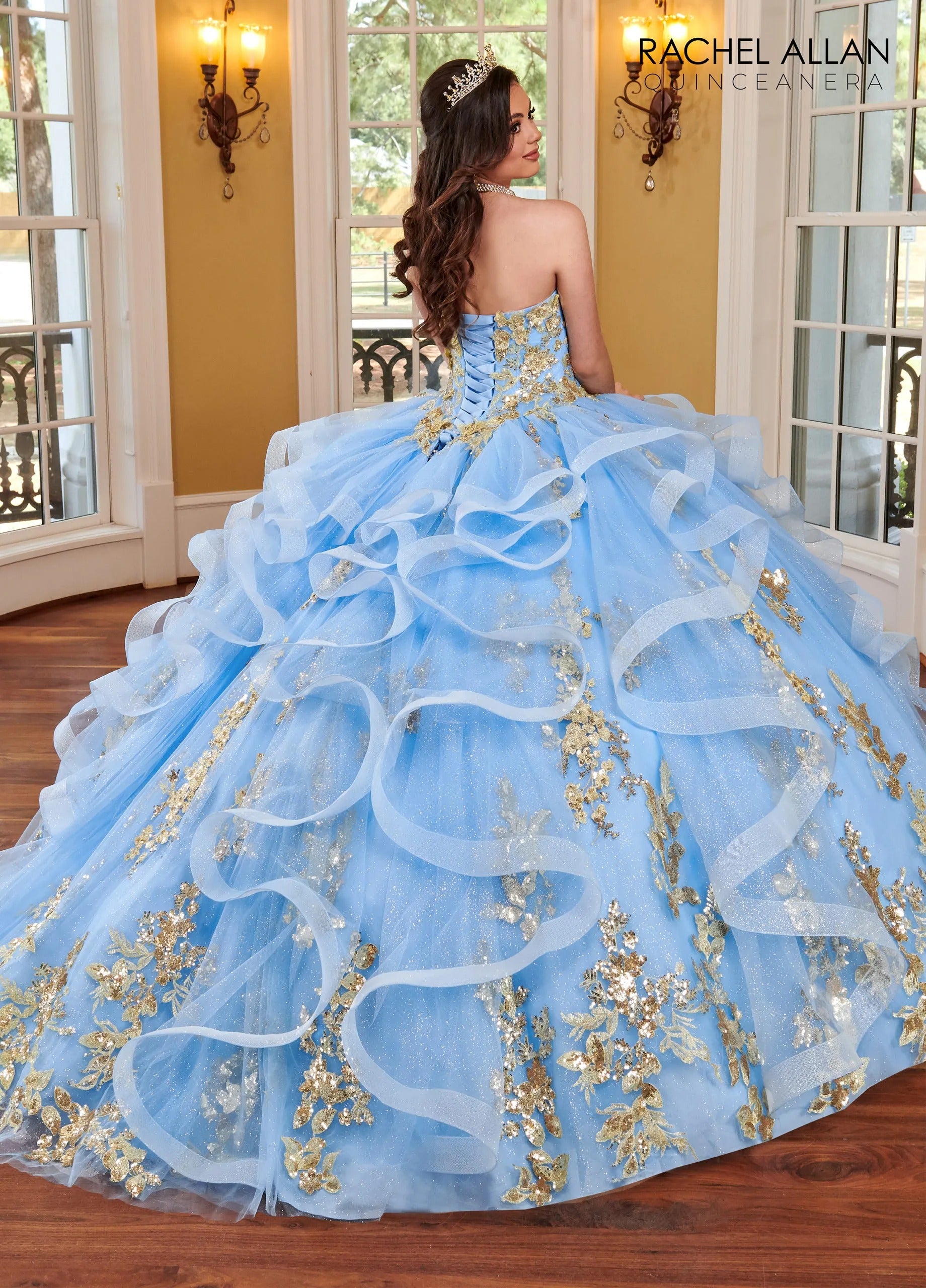 Azure Gold Off the Shoulder Floor Length Glitter Tulle Quinceanera Ball Gown with 3D Floral Appliques Rachel Allan RQ2165