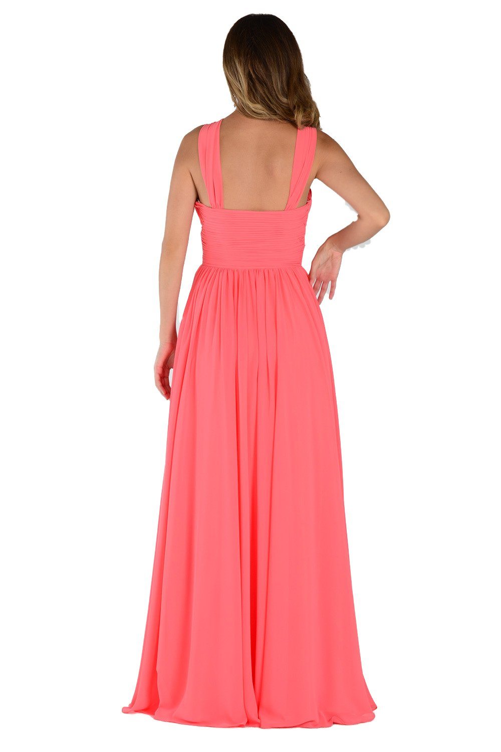 Coral One-Shoulder Floor-Length Chiffon Formal Dress with Ruched Bodice Poly USA 6678