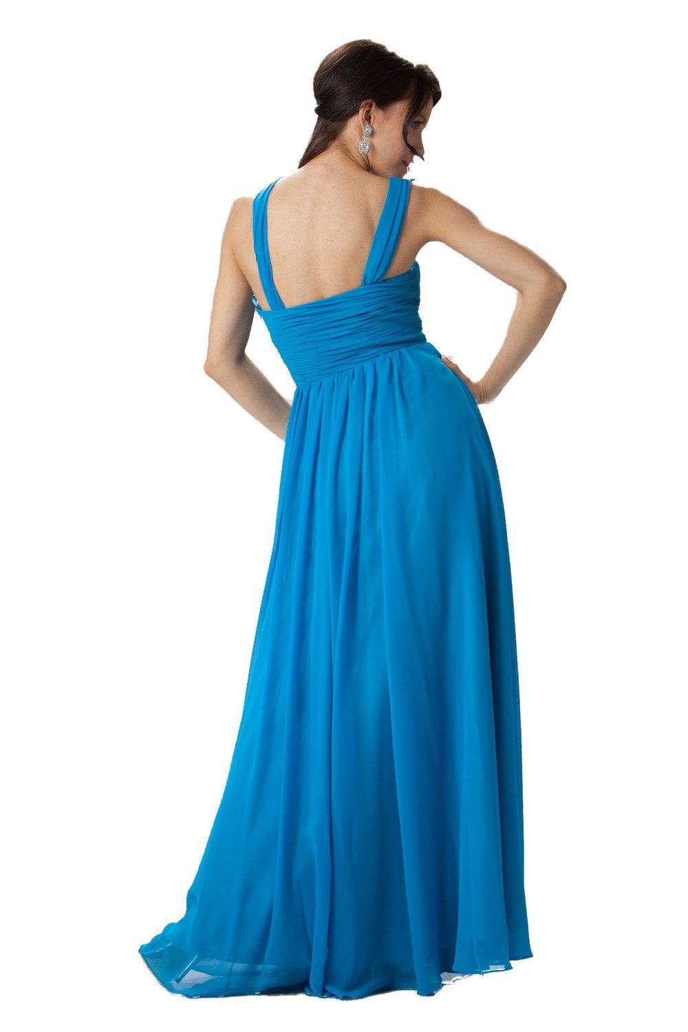 Blue One-Shoulder Floor-Length Chiffon Formal Dress with Ruched Bodice Poly USA 6678