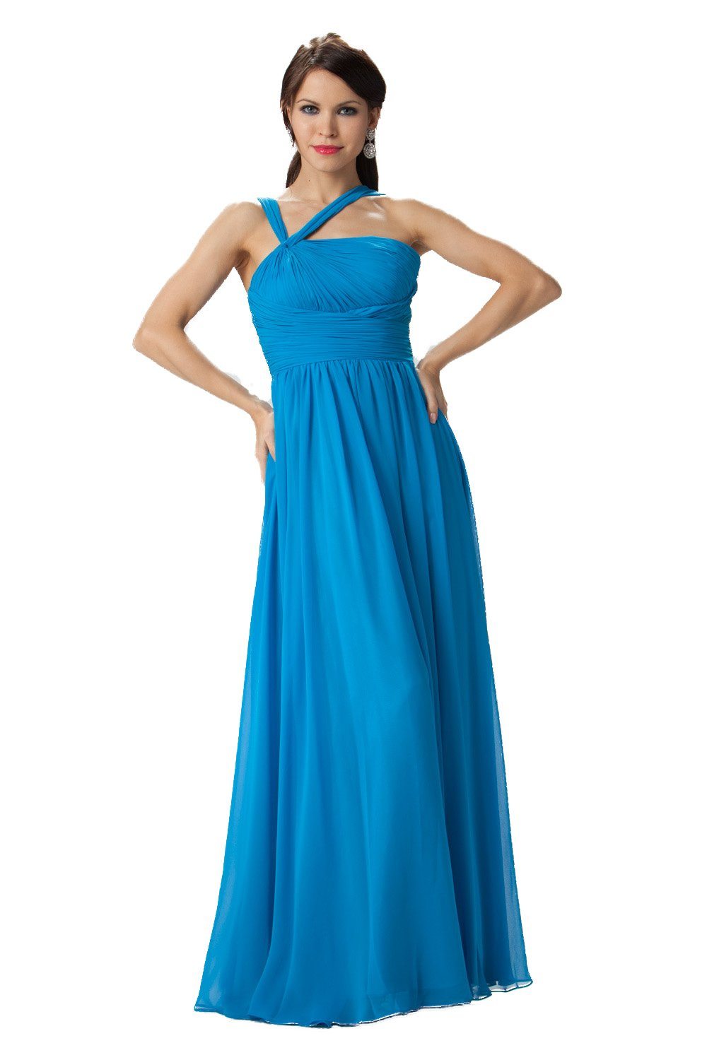 Blue One-Shoulder Floor-Length Chiffon Formal Dress with Ruched Bodice Poly USA 6678