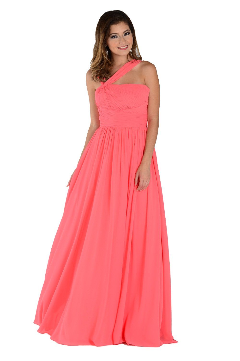 Coral One-Shoulder Floor-Length Chiffon Formal Dress with Ruched Bodice Poly USA 6678