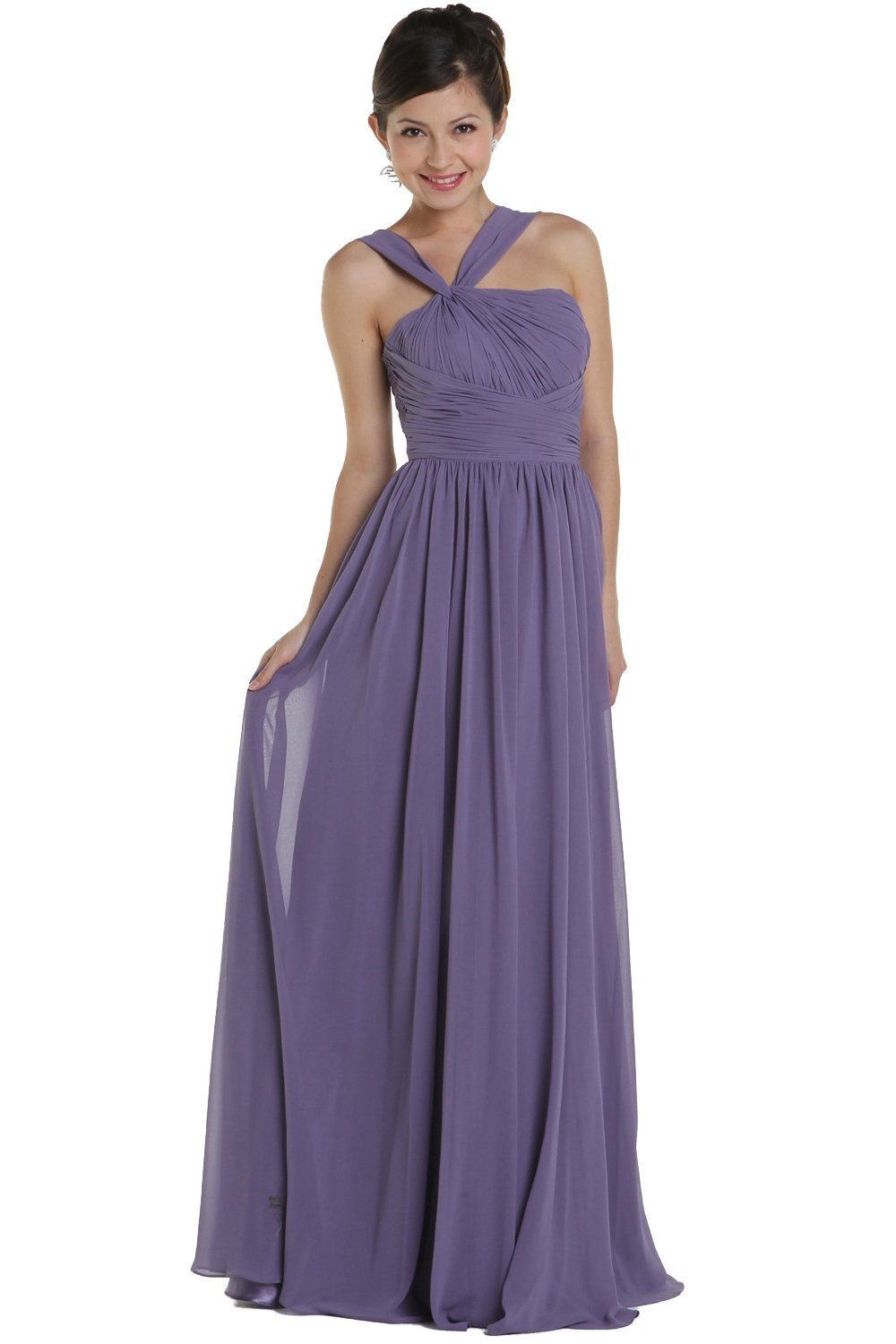 Gray One-Shoulder Floor-Length Chiffon Formal Dress with Ruched Bodice Poly USA 6678