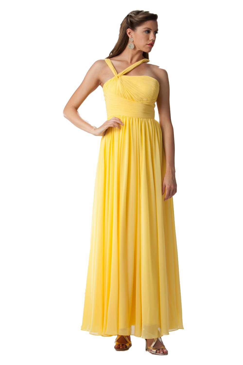 Yellow One-Shoulder Floor-Length Chiffon Formal Dress with Ruched Bodice Poly USA 6678
