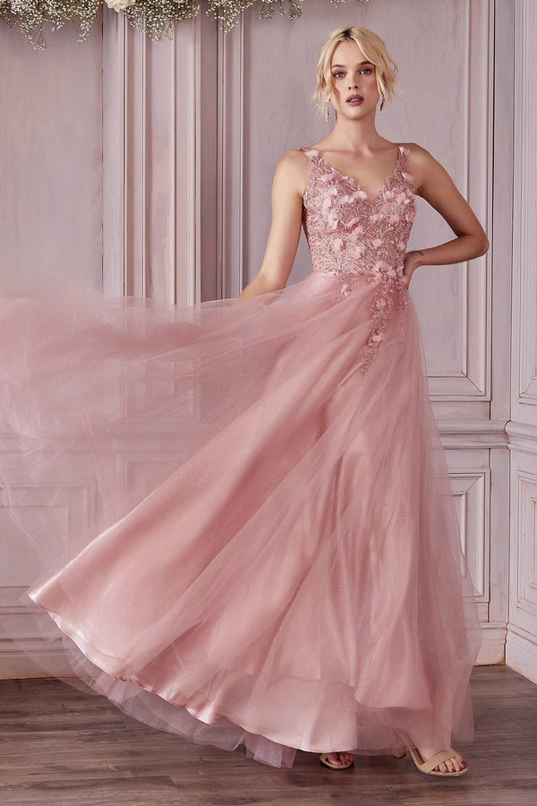 Floral Sleeveless Tulle Long A-Line Prom Dress by LaDivine CD0181