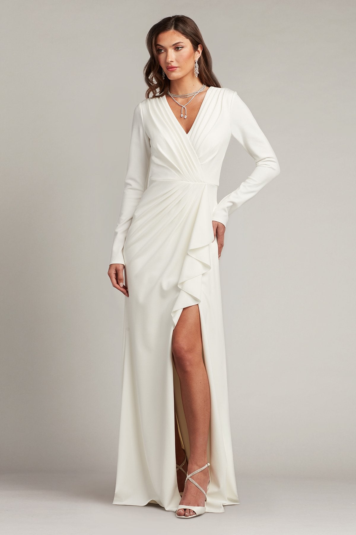 Tadashi Shoji BOS20704LBR Simple Bridal Fitted Long Sleeve Wedding Dress