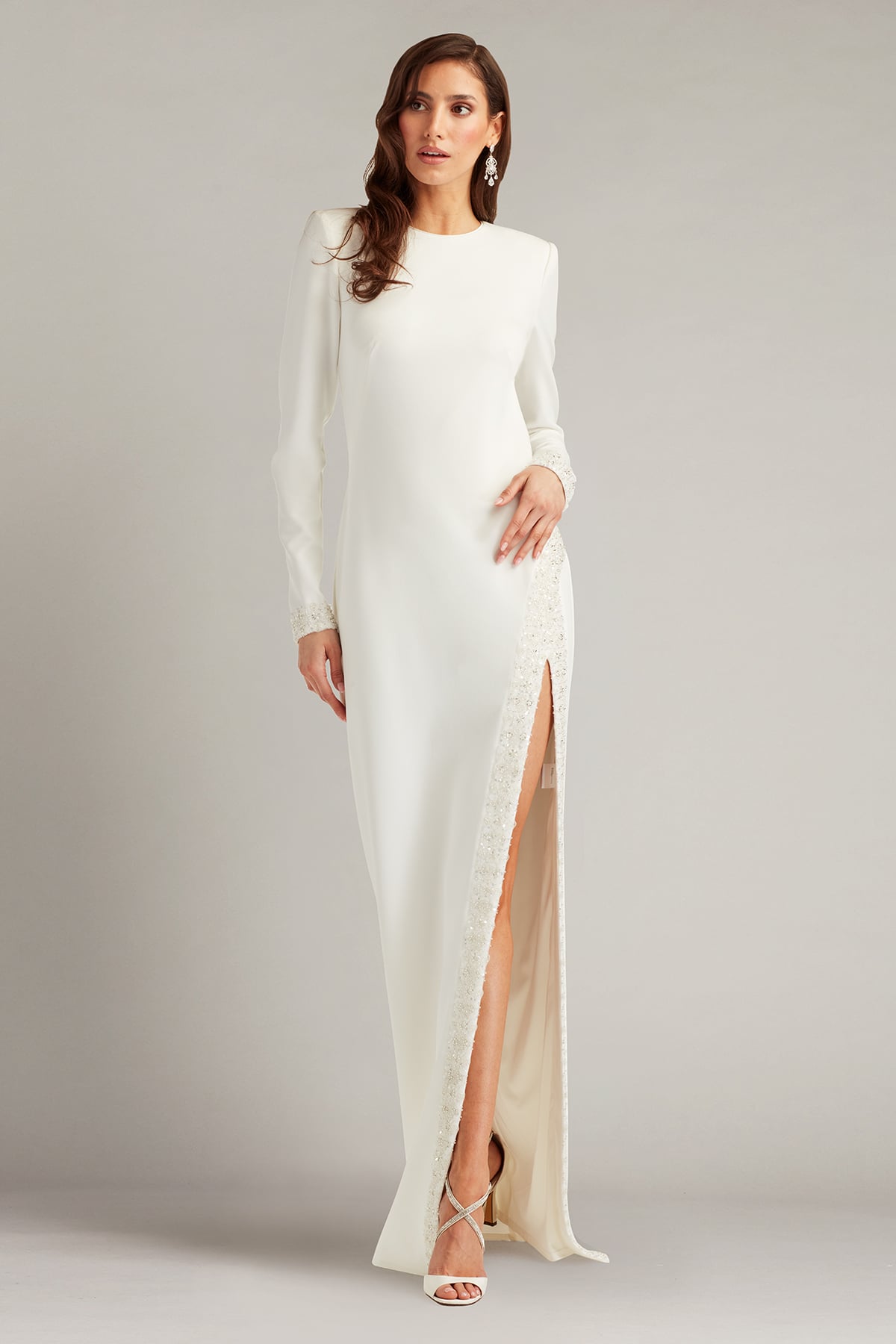 Wedding Dresses Fitted Long Sleeve Beaded Slit Wedding Dress Tadashi Shoji BOS21330LBR Ivory