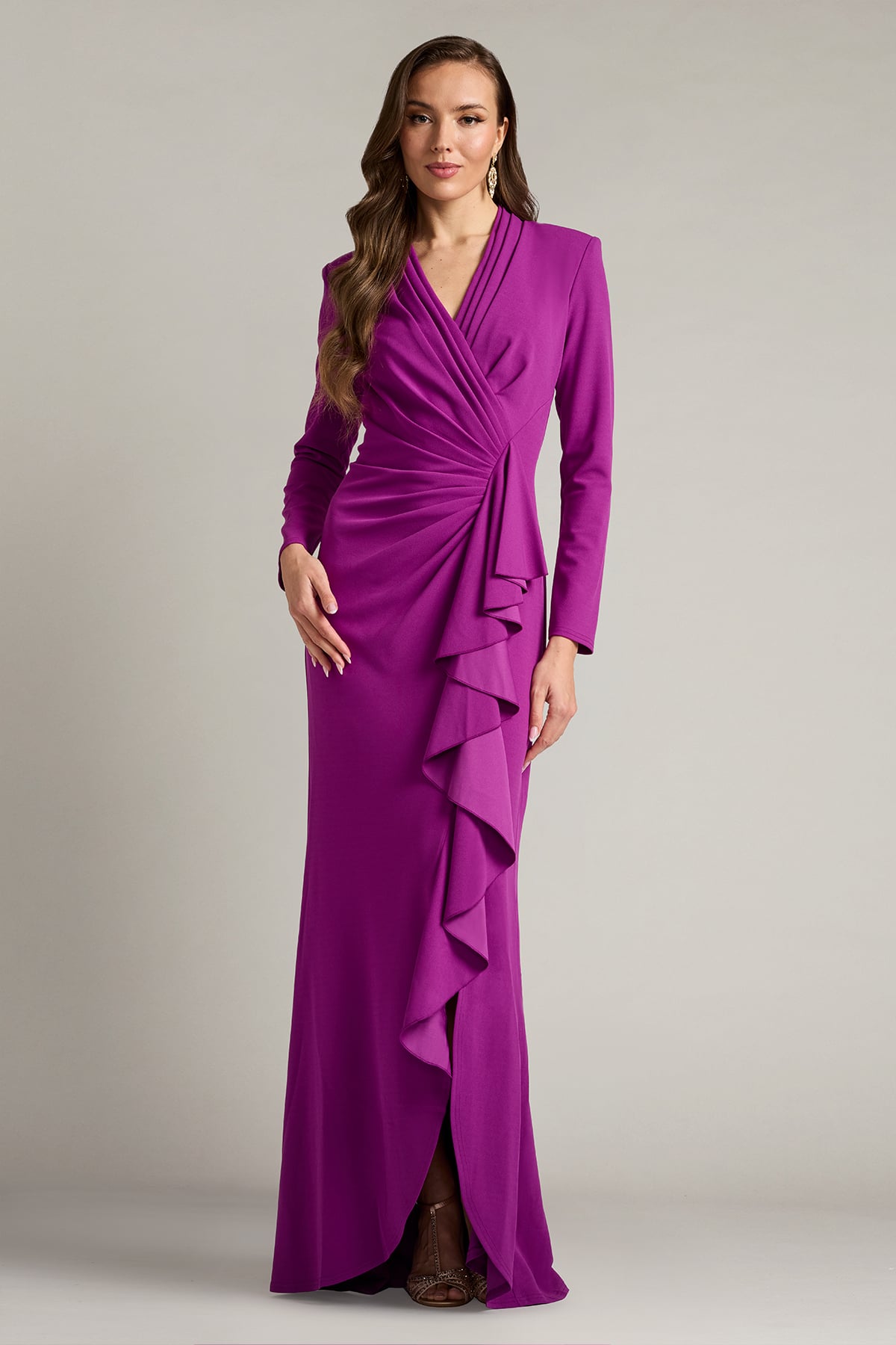 Mother of the Bride Dresses Ruffle Long Sleeve Formal Slit Mother of the Bride Dress Tadashi Shoji BOS23357L Magenta