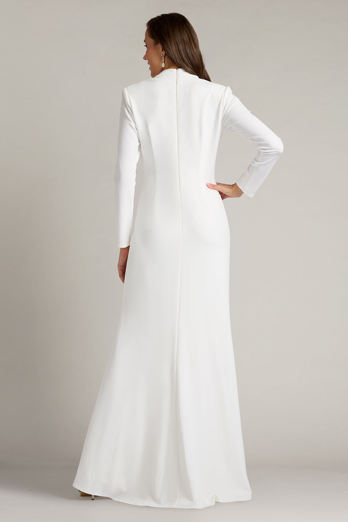 Wedding Dresses Long Sleeve Ruffle Slit Wedding Dress Tadashi Shoji BOS23357LBR Ivory