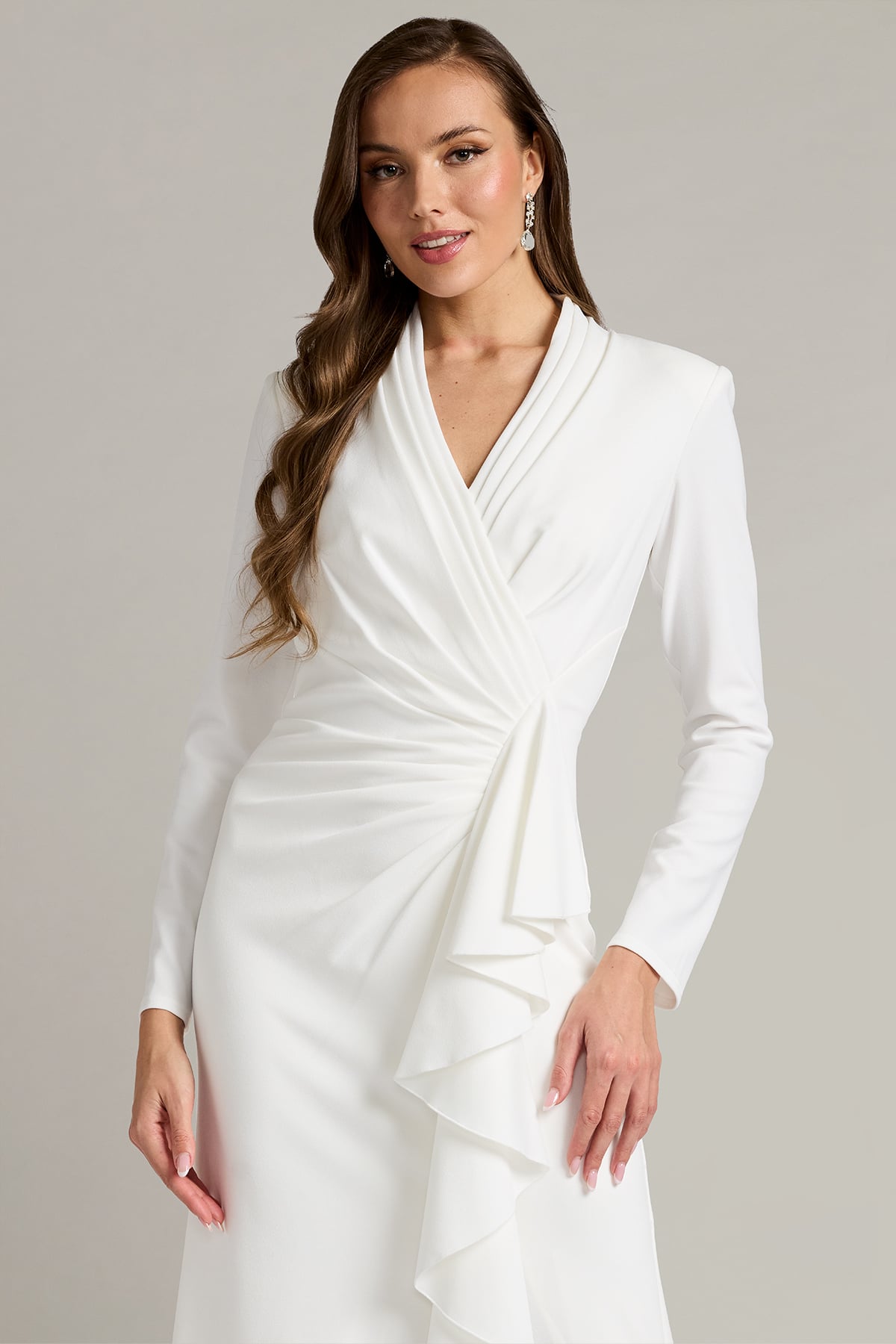 Wedding Dresses Long Sleeve Ruffle Slit Wedding Dress Tadashi Shoji BOS23357LBR Ivory