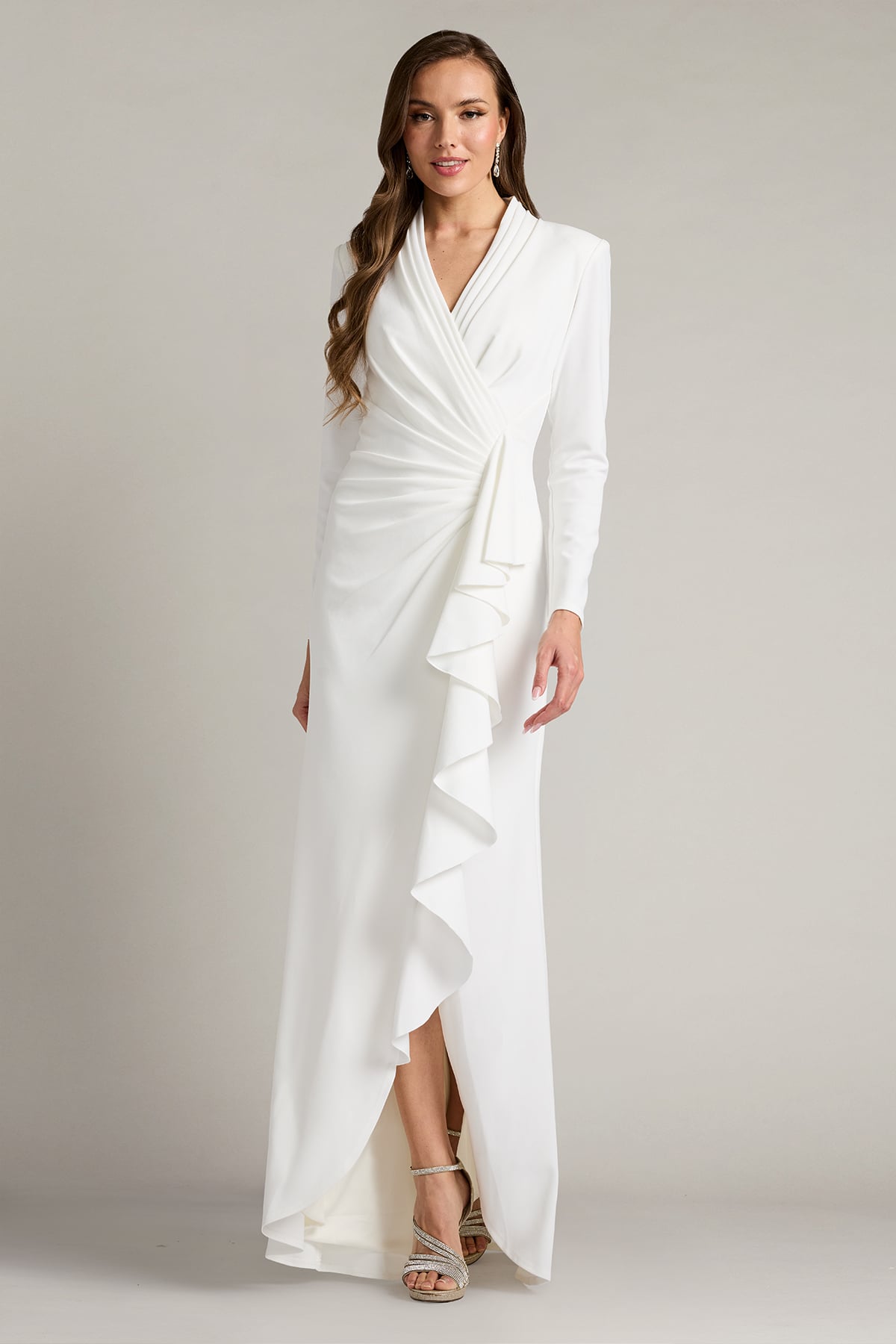 Wedding Dresses Long Sleeve Ruffle Slit Wedding Dress Tadashi Shoji BOS23357LBR Ivory