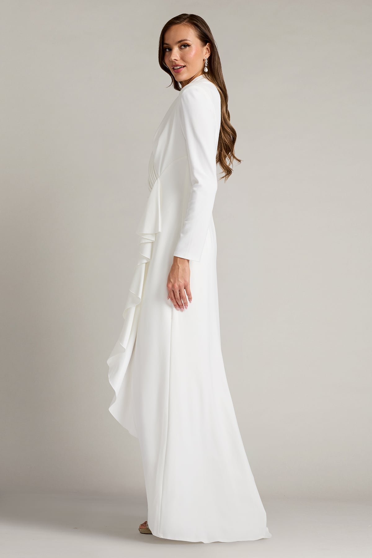 Wedding Dresses Long Sleeve Ruffle Slit Wedding Dress Tadashi Shoji BOS23357LBR Ivory