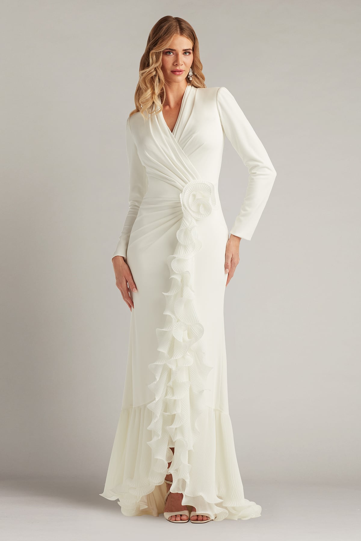Wedding Dresses Long Sleeve Ruffle 3D Floral Pleated Prom Dress Tadashi Shoji BOS24382LBR Ivory