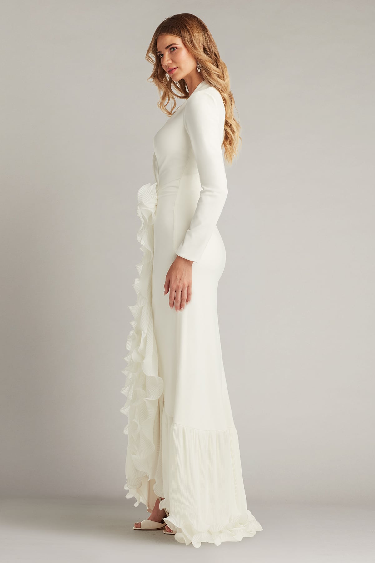 Wedding Dresses Long Sleeve Ruffle 3D Floral Pleated Prom Dress Tadashi Shoji BOS24382LBR Ivory