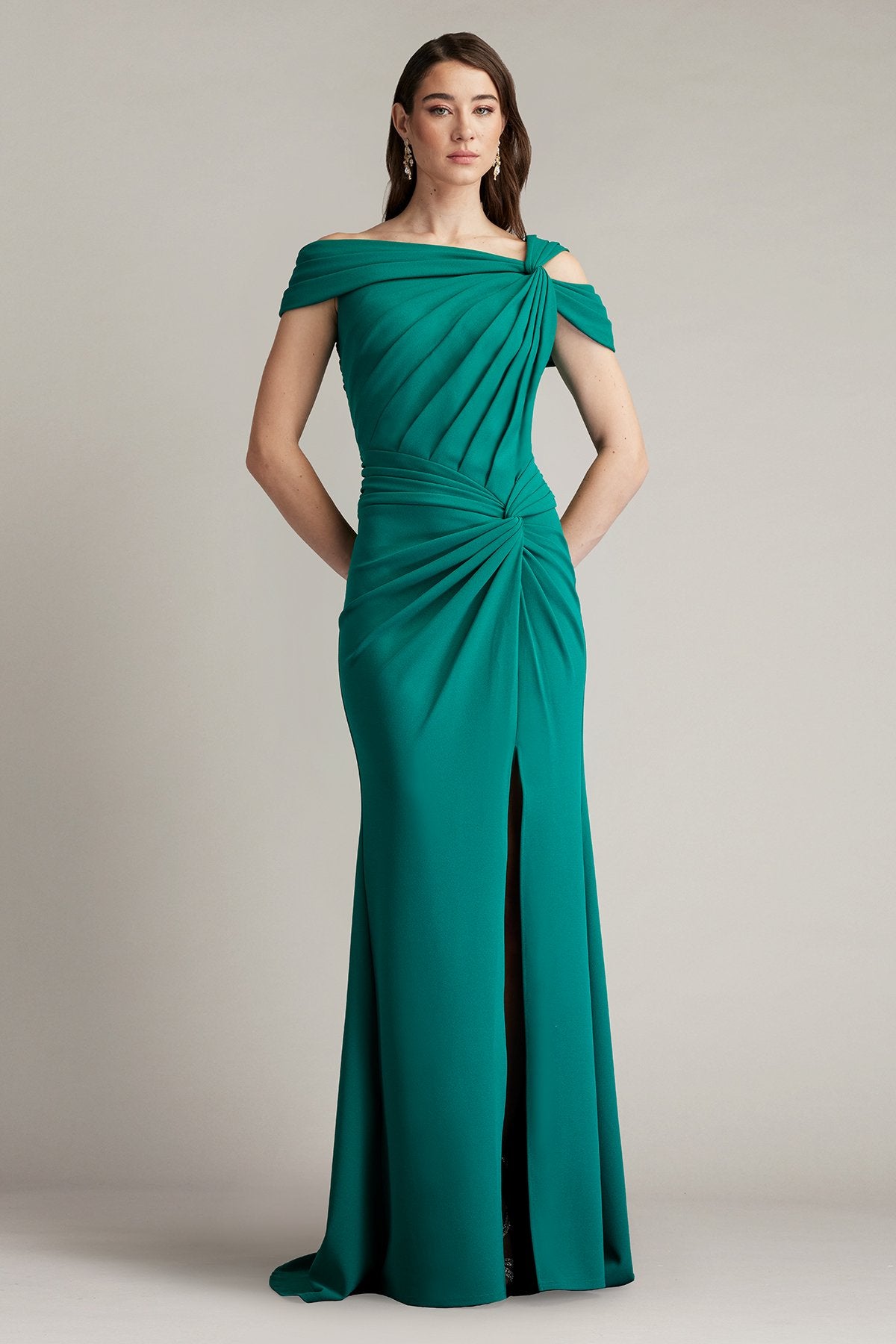 Tadashi Shoji BOS24465L Fitted Long Formal Pleated Slit Prom Dress